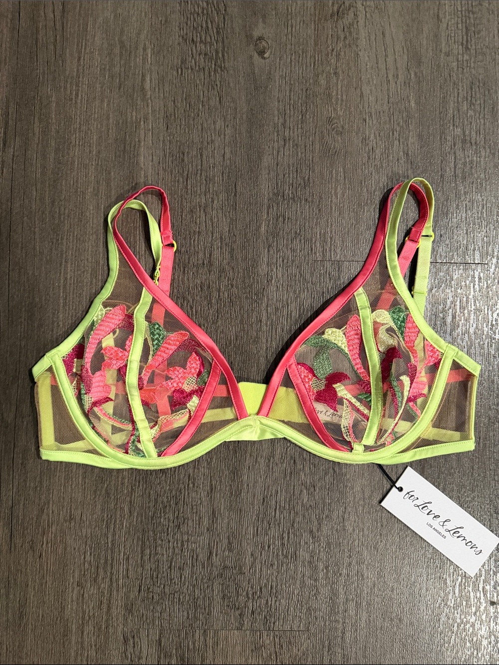 For Love And Lemons Neon Green & Hot Pink Sheer Embroidered Underwire Bra